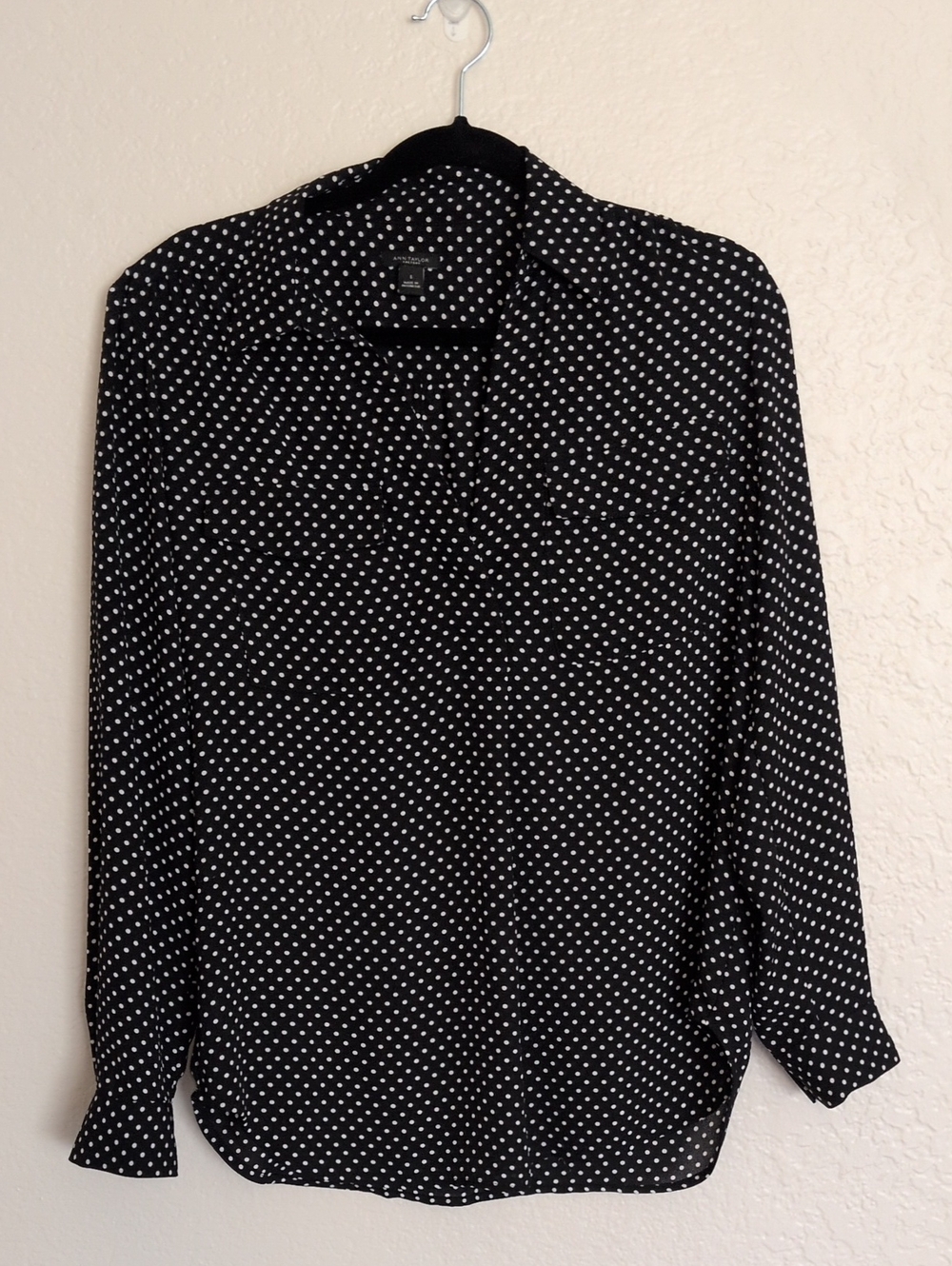 Ann Taylor Black Blouse with White Polka Dots
